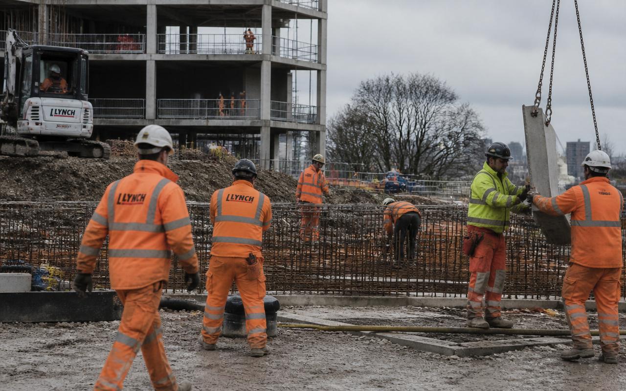 A construction crew working on groundworks in front of a rising concrete frame